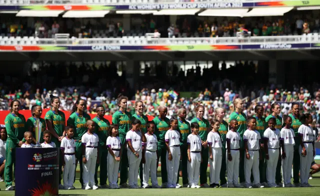 South Africa players sing the national anthem at the Women's T20 World Cup final