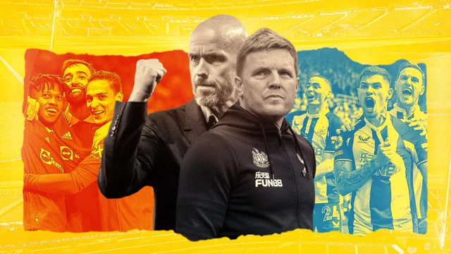 Erik ten Hag (left) and Eddie Howe (right) in front of images of their celebrating players