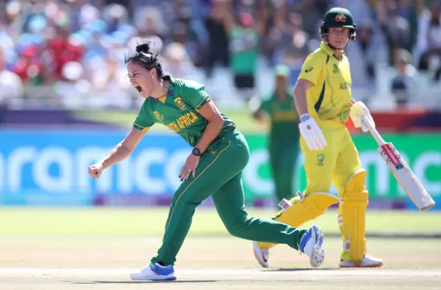 Marizanne Kapp of South Africa celebrates the wicket of Alyssa Healy of Australia during the ICC Women's T20 World Cup Final match between Australia and South Africa at Newlands Stadium