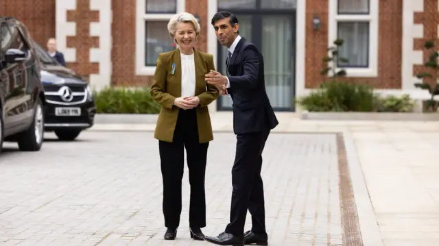 Ursula von der Leyen is greeted by Prime Minister Rishi Sunak