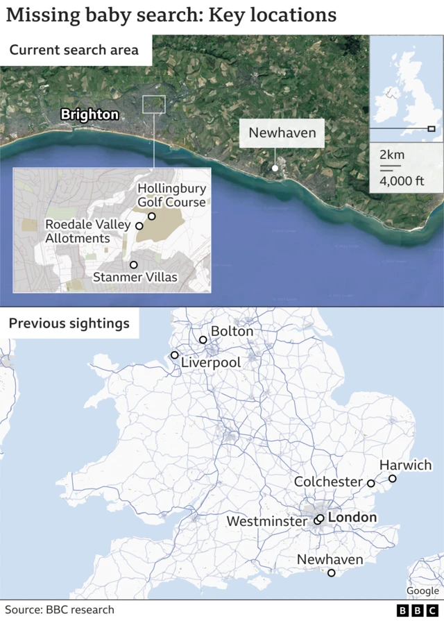 Chart showing the key locations of the search for the couple