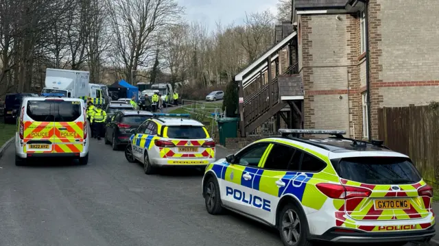 Police lined up near a wooded area in Brighton