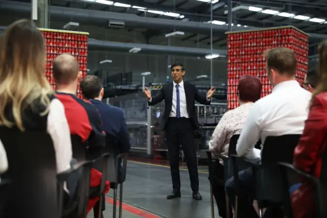 Prime Minister Rishi Sunak holds a Q&A session with local business leaders during a visit to Coca-Cola HBC in Lisburn, County Antrim