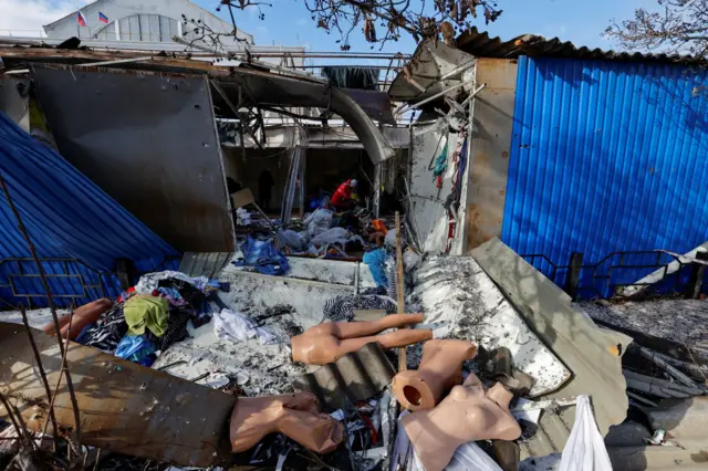 The aftermath of shelling at the central market in Horlivka, Donetsk