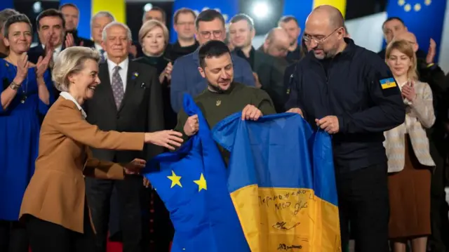 European Commission President Ursula von der Leyen and Ukrainian President Volodymyr Zelensky holding EU and Ukrainian flags