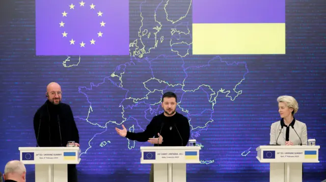 Ukrainian President Volodymyr Zelensky, European Commission President Ursula von der Leyen and President of the European Council Charles Michel