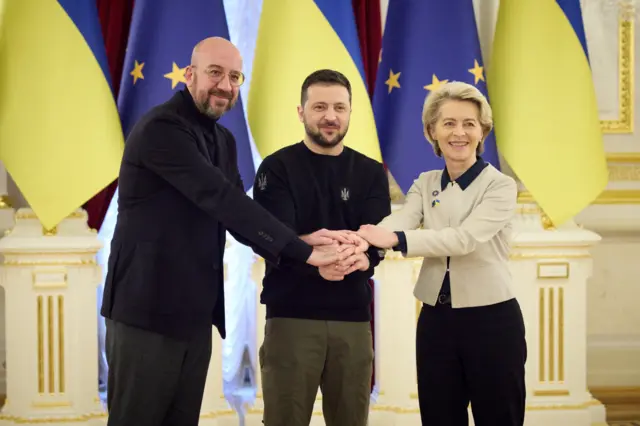 Ukraine's President Volodymyr Zelenskiy, European Commission President Ursula von der Leyen and European Council President Charles Michel