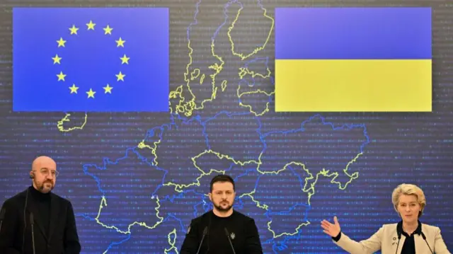 Ukrainian President Volodymyr Zelensky (C), European Council President Charles Michel, and President of the European Commission Ursula von der Leyen