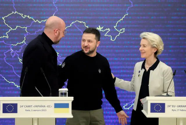 Ukrainian President Volodymyr Zelensky (centre), European Commission President Ursula von der Leyen and President of the European Council Charles Michel