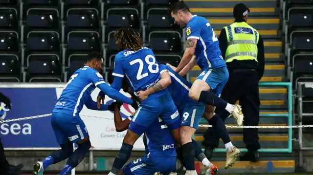 Birmingham celebrate Auston Trusty's late winner at Swansea