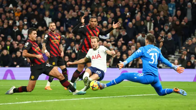 HArry Kane has his shot saved by Ederson