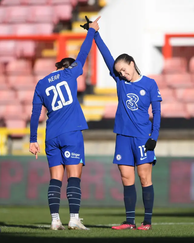 Sam Kerr and Guro Reiten celebrate