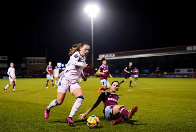 Arsenal's Noelle Maritz (left) and West Ham United's Abbey-Leigh Stringer battle