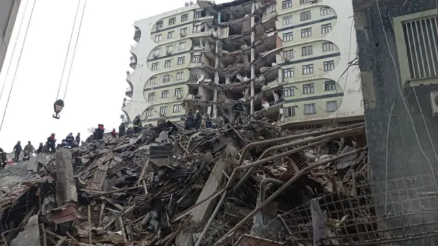 People and emergency personnel search for victims at the site of a collapsed building after a powerful earthquake in Diyarbakir, southeast of Turkey, 06 February 2023. According to the US Geological Service, an earthquake with a preliminary magnitude of 7.8 struck southern Turkey close to the Syrian border. The earthquake caused buildings to collapse and sent shockwaves over northwest Syria, Cyprus, and Lebanon. Earthquake in southeast Turkey, Diyarbakir - 06 Feb 2023