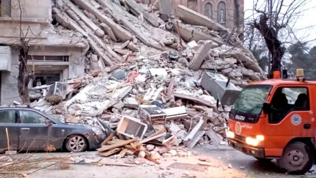 Rubble following an earthquake, in Aleppo, Syria