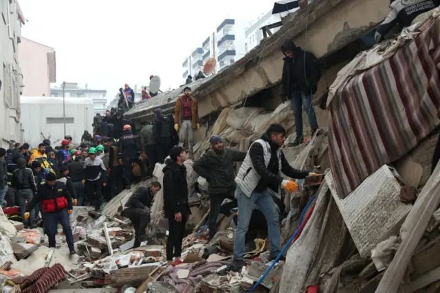 Rescuers search for survivors under the rubble following an earthquake in Diyarbakir, Turkey