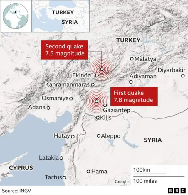 Map showing where two earthquakes struck Turkey and Syria