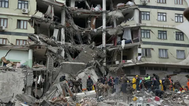 Rescue workers search for survivors under the rubble following an earthquake in Diyarbakir, Turkey