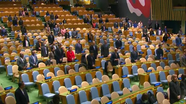 United Nations members stand in silence