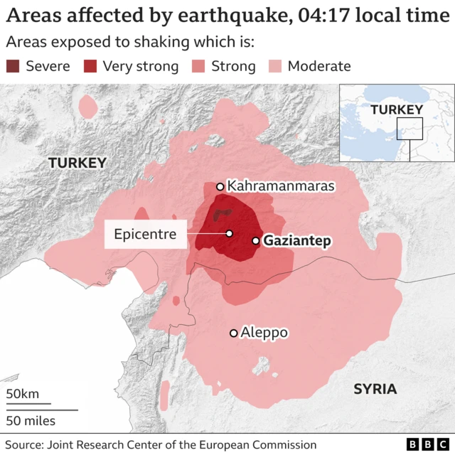 Map showing the areas hit by the first earthquake at 04:17