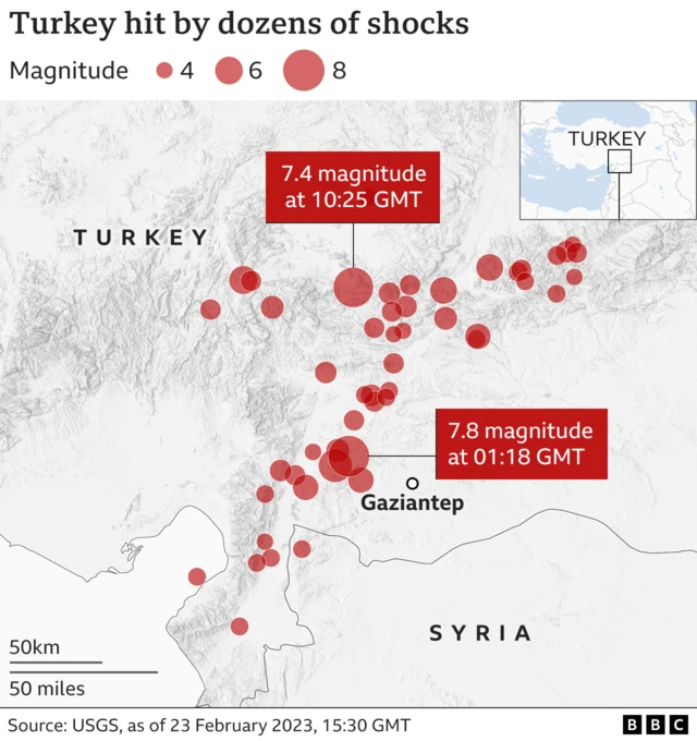 A map shows the locations of the aftershocks of the two earthquakes that hit southern Turkey on 6th February 2023.