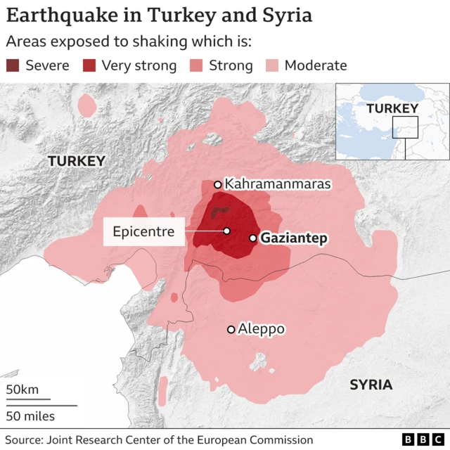 Map showing intensity of the earthquake