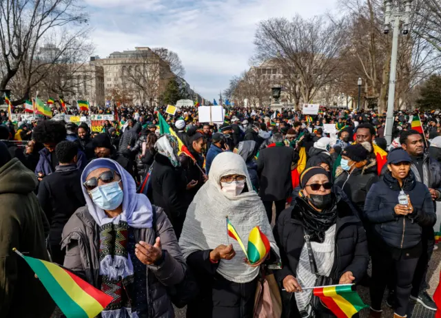 Parishioners and supporters of the Ethiopian Orthodox church take part in a demonstration at the White House on February 05, 2023 in Washington, DC.