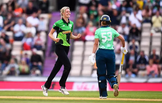 Southern Brave's Lauren Bell celebrates the wicket of Oval Invincibles' Tash Farrant in the opening season of the Hundred