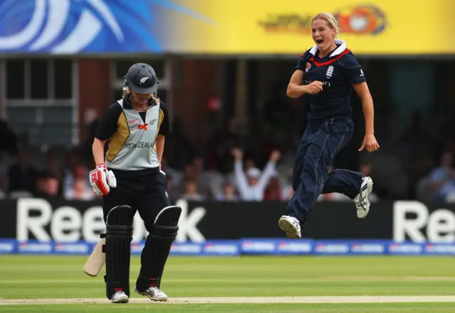 England's Katherine Brunt celebrates the wicket of New Zealand's Lucy Doolan in the 2009 Women's T20 World Cup final