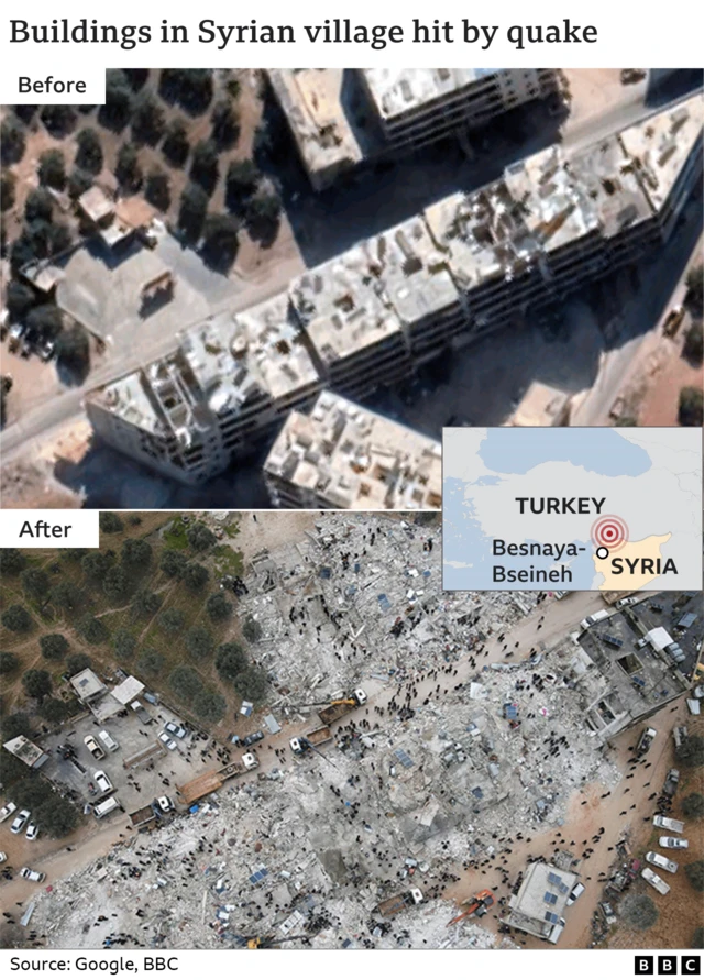 Images from before and after the earthquake show a large block of residential and commercial buildings in the Syrian village of Besnaya-Bseineh reduced to rubble.