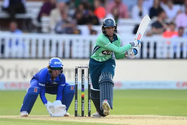 Oval Invincibles' Lauren Winfield-Hill plays a shot against London Spirit in the Women's Hundred