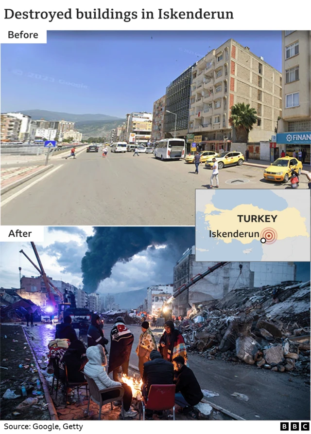 Images from before and after the earthquake in the Mediterranean port city of Iskenderun show buildings reduced to rubble and residents waiting for help out on the street.