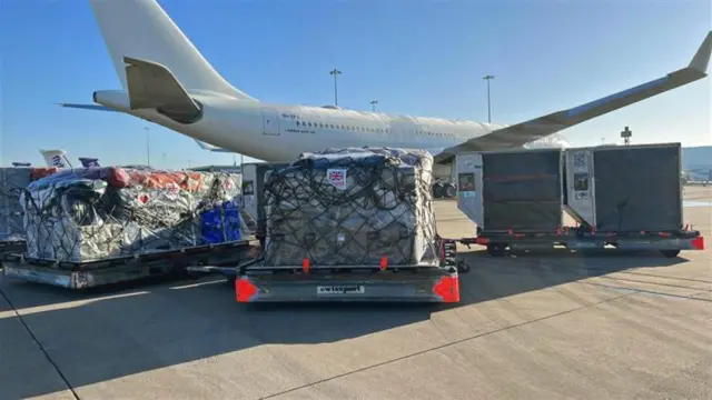 specialist search and rescue equipment from the UK is loaded onto a plane before its departure, heading for Gaziantep in Turkey to help with earthquake response efforts