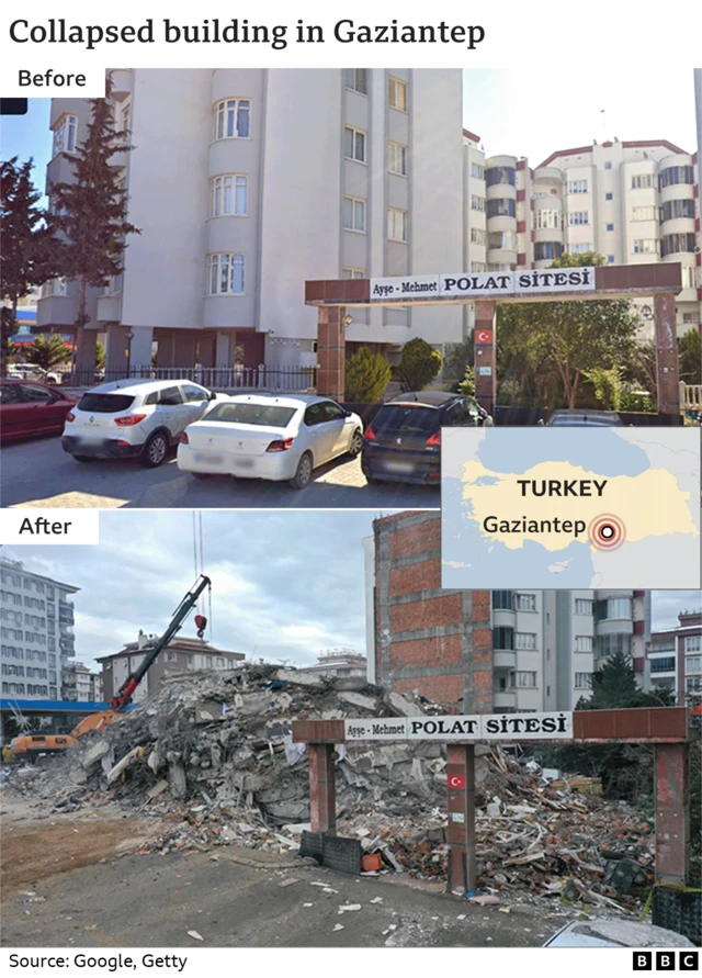 Images taken before and after the earthquake showing an apartment block in the Turkish city of Gaziantep completely flattened.