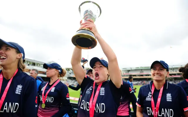 England's Katherine Brunt celebrates winning the 2017 Women's World Cup against India at Lord's