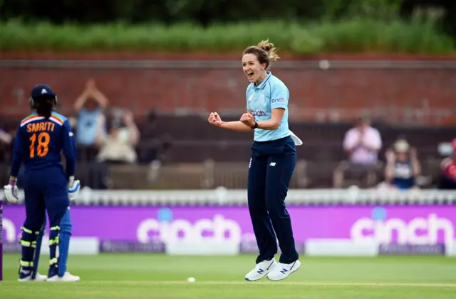 Kate Cross celebrates after taking a wicket on her to way to recording career-best ODI figures against India in June 2021