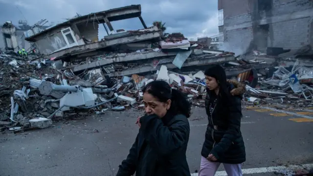 People walking past destroyed buildings that collapsed after an earthquake in Turkey