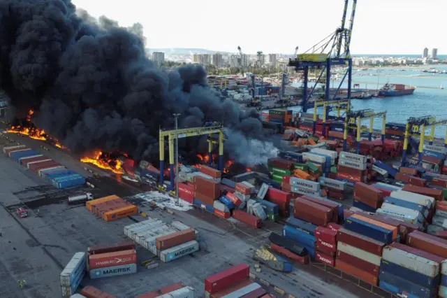 Fires burning at Iskenderun Port in Turkey