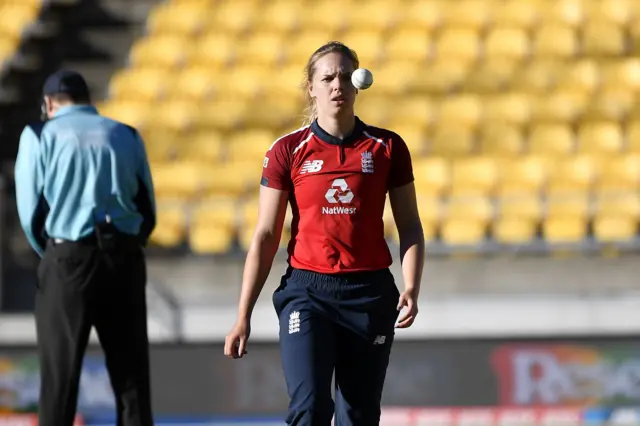 England's Freya Davies prepares to bowl against New Zealand in a T20 match in March 2021