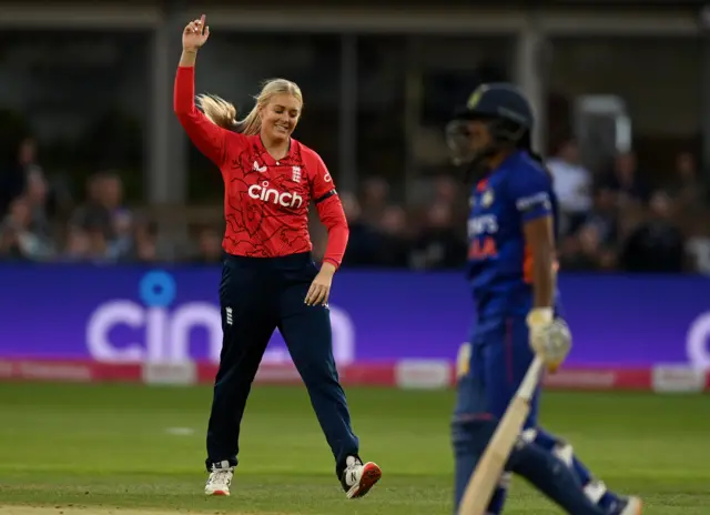 England's Sarah Glenn celebrates taking a wicket against India