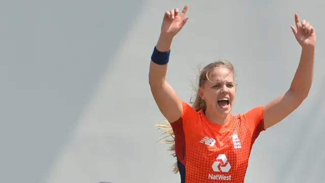 Freya Davies celebrates taking a wicket on her England T20 debut against Sri Lanka in March 2019