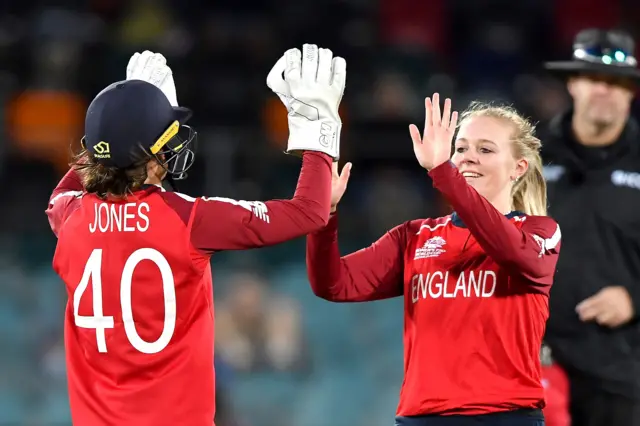 England's Sarah Glenn celebrates taking a wicket against Pakistan in the 2020 World Cup