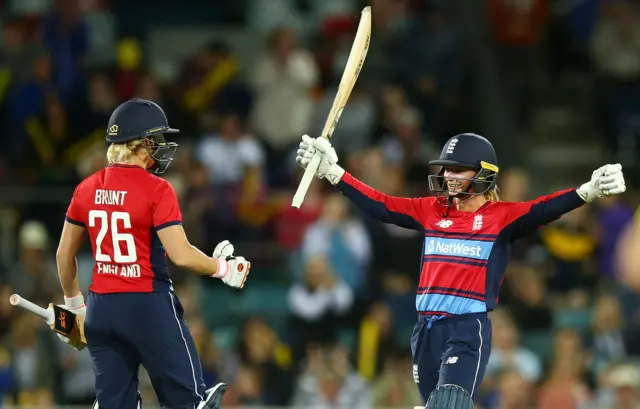 England's Danni Wyatt celebrates hitting a T20 century against Australia