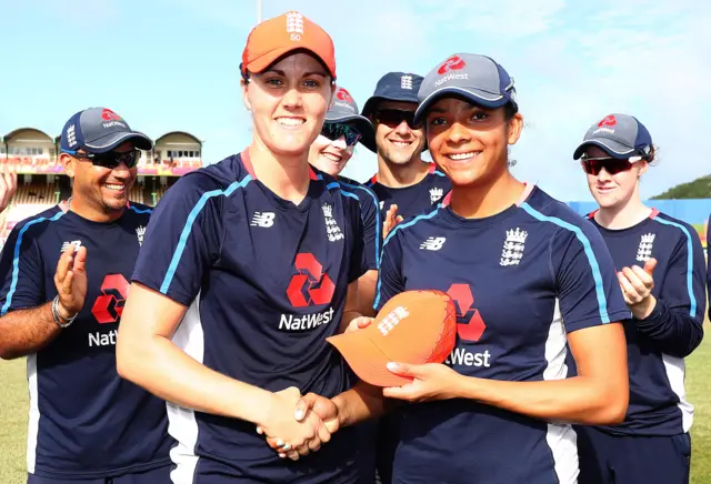 Sophia Dunkley is given her T20 cap by Nat Sciver-Brunt ahead of the 2018 T20 World Cup