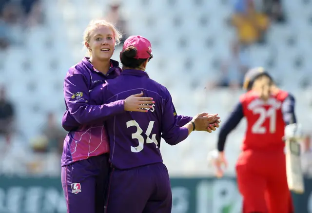 Sarah Glenn celebrates taking a wicket during the 2019 Kia Super League