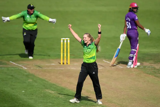 Freya Davies of Western Storm celebrates taking the wicket of Loughborough Lightning's Hayley Matthews during the 2019 Kia Super League