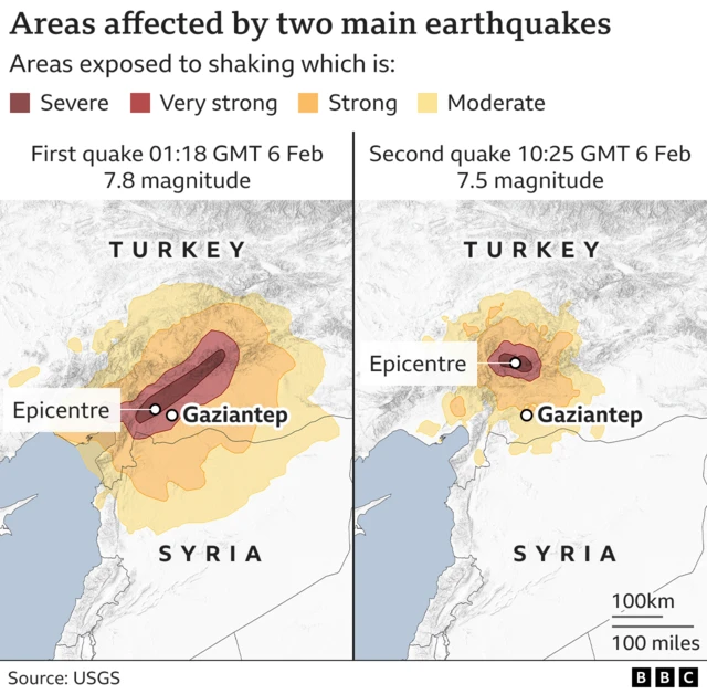 Map showing area impacted by the earthquakes