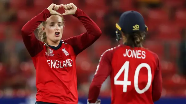 England's Sophie Ecclestone celebrates taking a wicket in the 2020 T20 World Cup