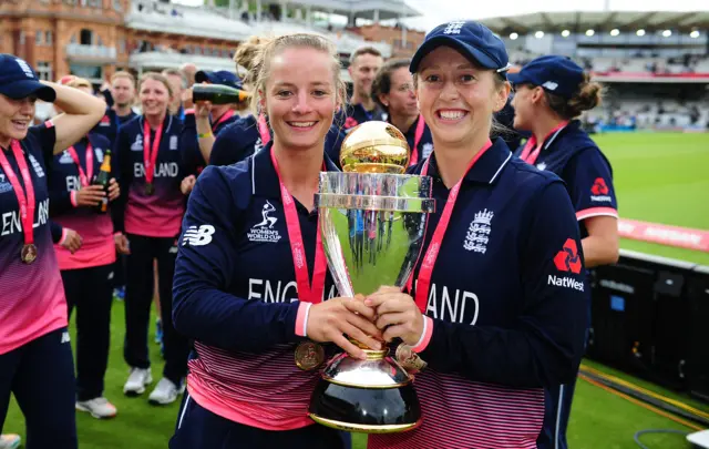 England's Danni Wyatt celebrates winning the 2017 Women's World Cup with team-mate Fran Wilson