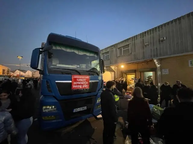 A lorry seen at a collection for the victims of the earthquake in Turkey